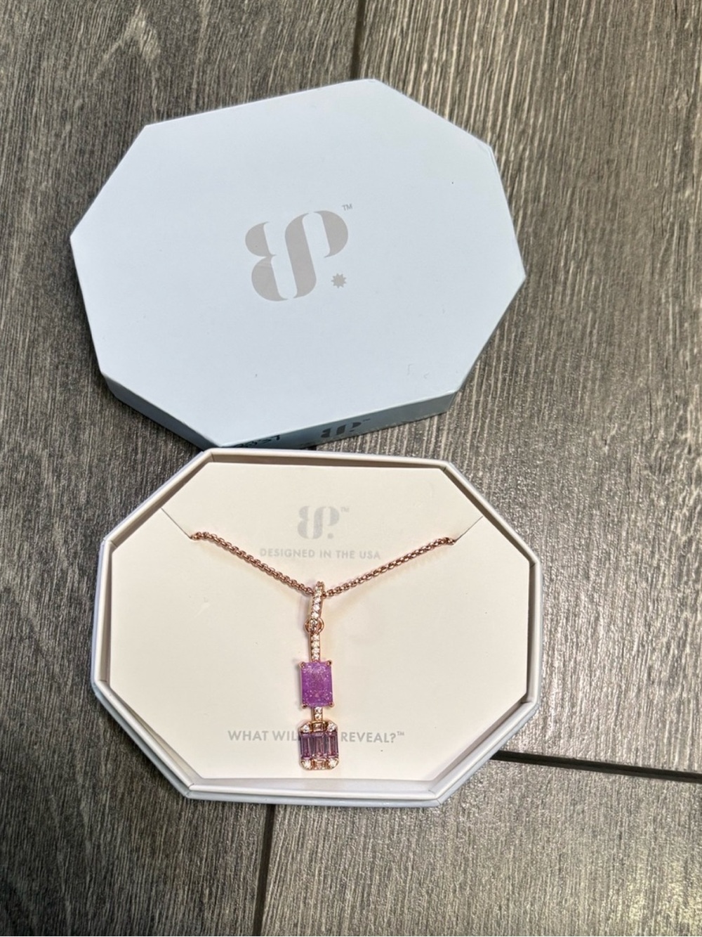 BP Rose Gold Necklace with Purple Gem Pendant - Branded